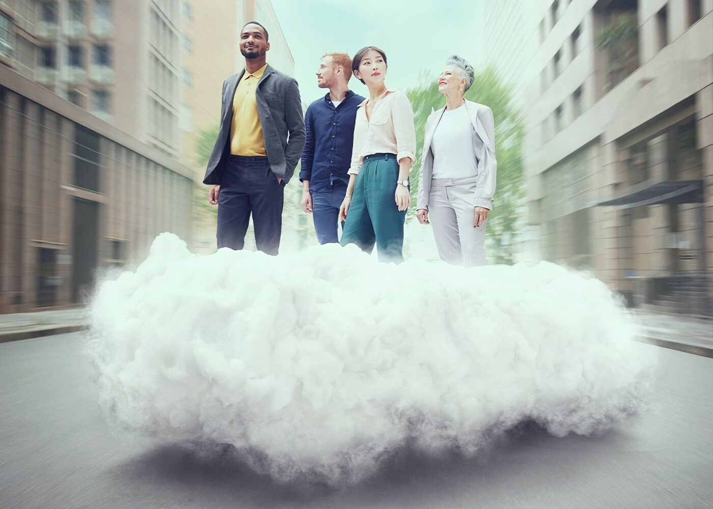 A commuter riding a cloud past a café-lined city street