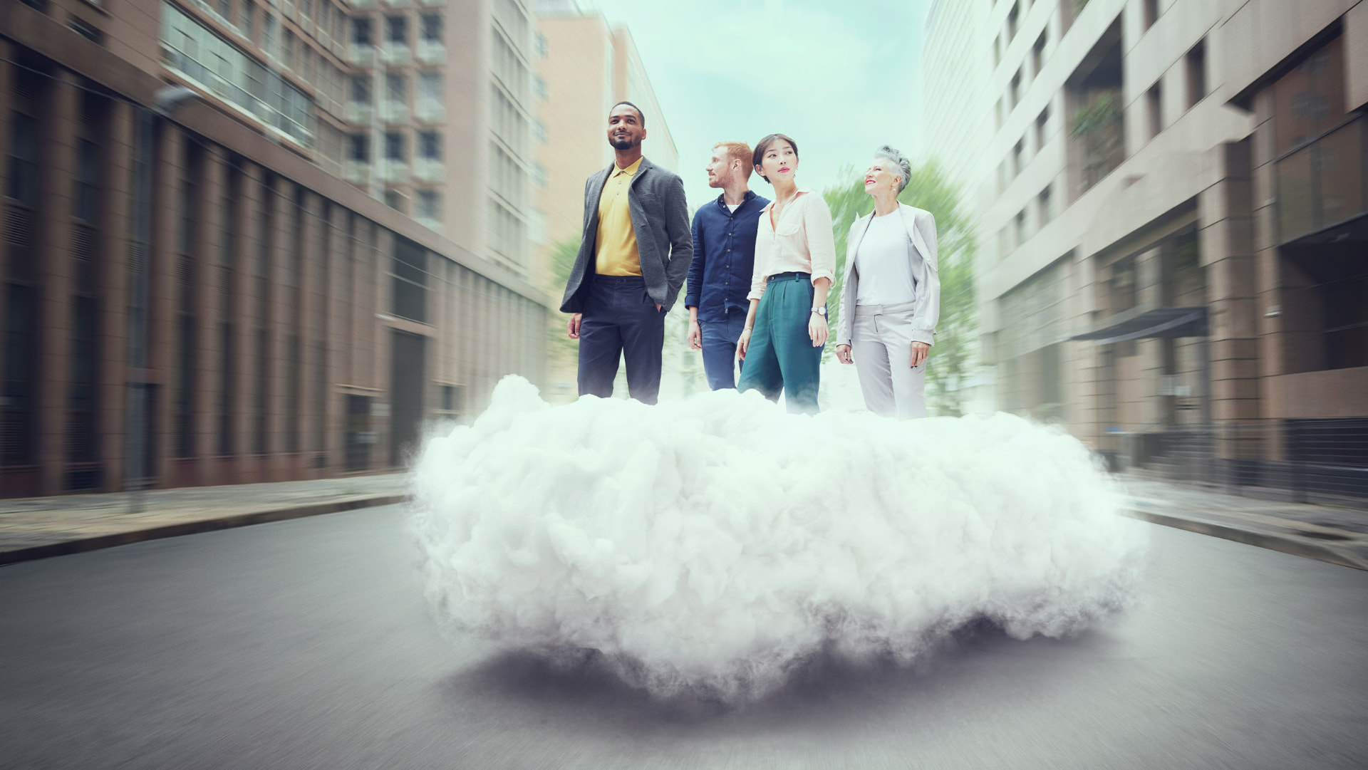 Four people standing together on a cloud drifting down a city street
