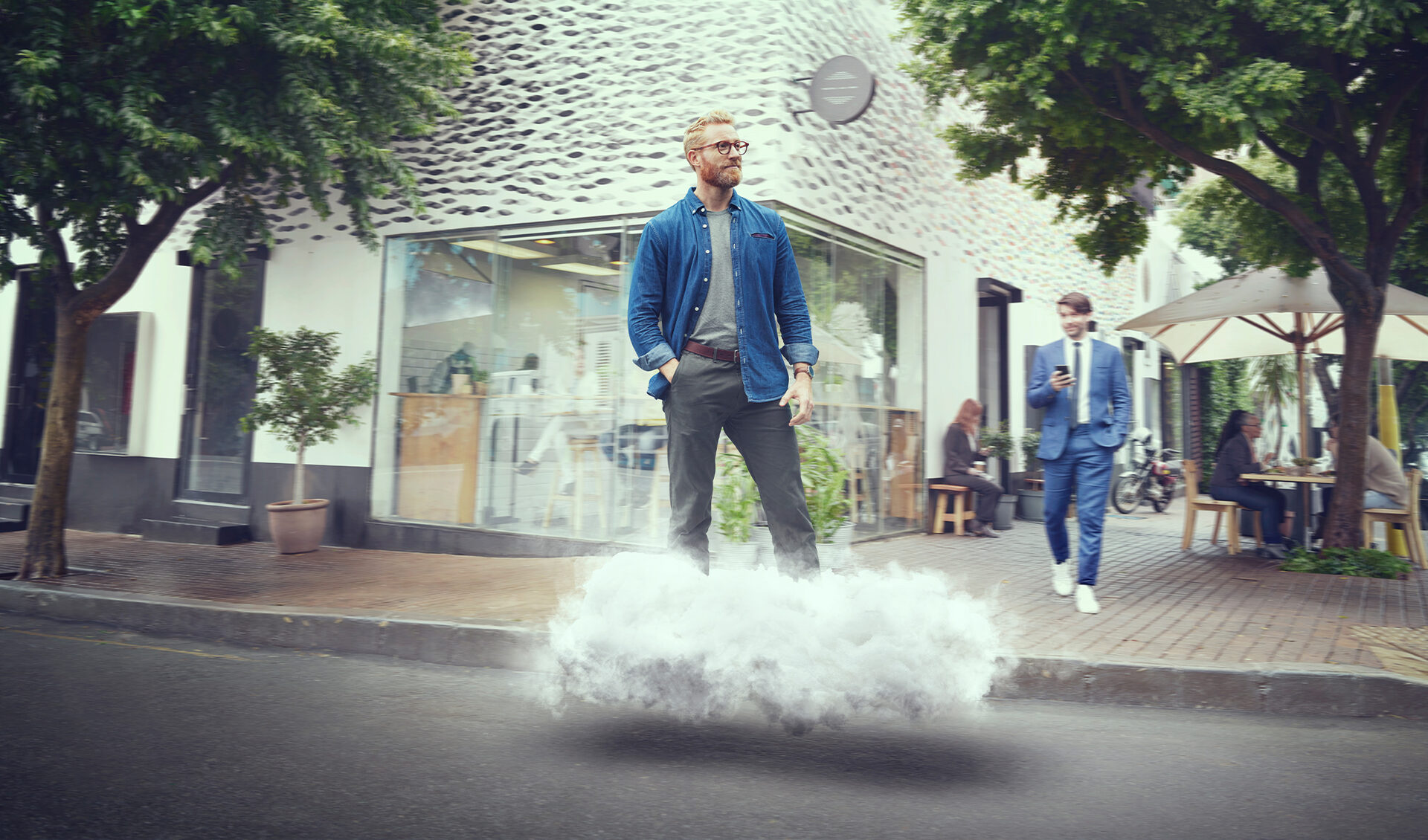 A relaxed customer floating on a cloud outside a modern showroom
